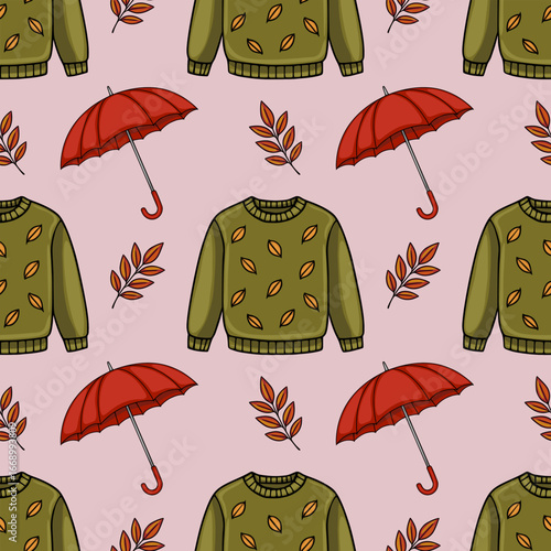 Seamless vector pattern featuring autumnal elements olive green sweater with leaf print, red umbrella, and orange red leaves on a pale pink background, creating a cozy and stylish design.
