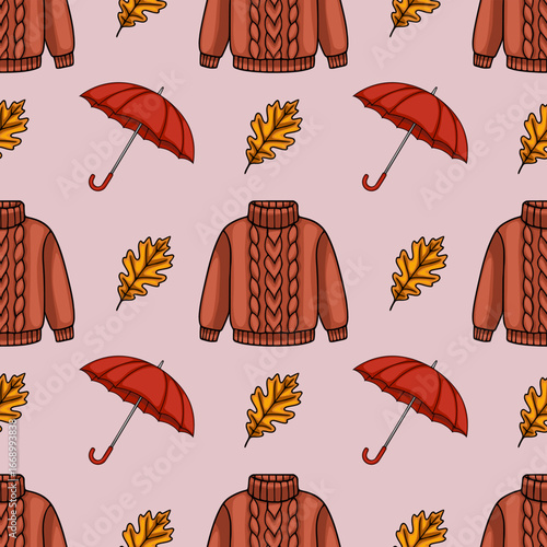 Seamless vector pattern featuring autumnal elements a red umbrella, a warm brown cable knit sweater, and falling oak leaves on a soft pink background, creating a cozy and stylish design.