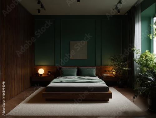 A dimly lit bedroom, featur...