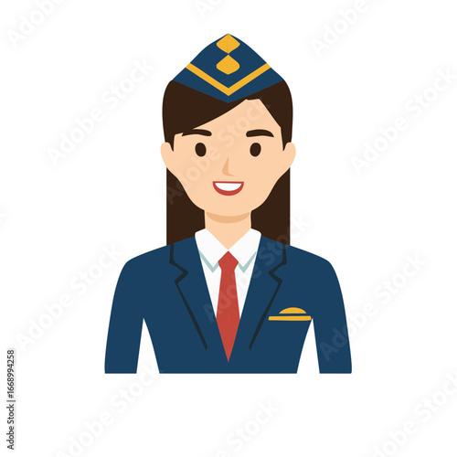 Smiling Flight Attendant in Uniform with Hat and Red Tie