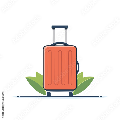Bright orange rolling suitcase with a retractable handle and green leaves for travel and vacation