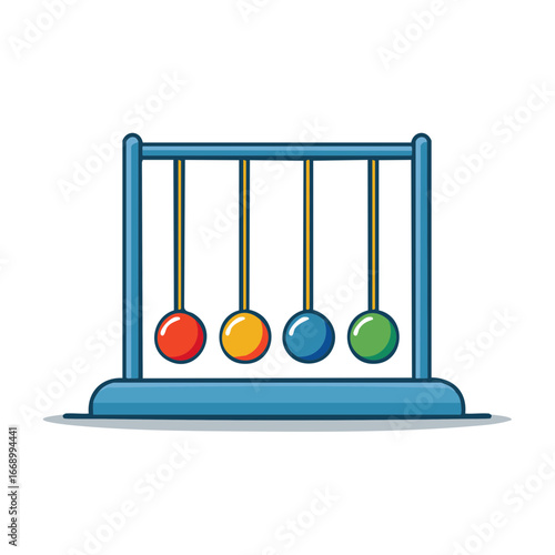 Vibrant Newton's Cradle with four colorful balls demonstrating kinetic energy physics concept