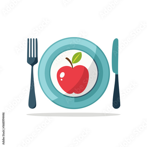 Red apple on a plate with fork and knife, healthy food and fruit serving illustration