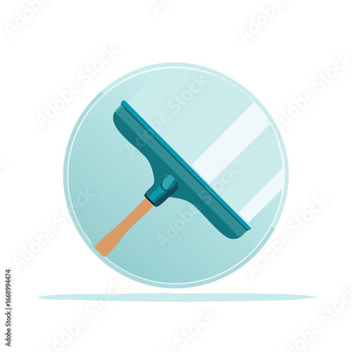 Blue squeegee cleaning a round glass window isolated on white in a minimalist style.