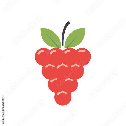 Vibrant red grape or berry cluster with green leaves and stem flat vector illustration design