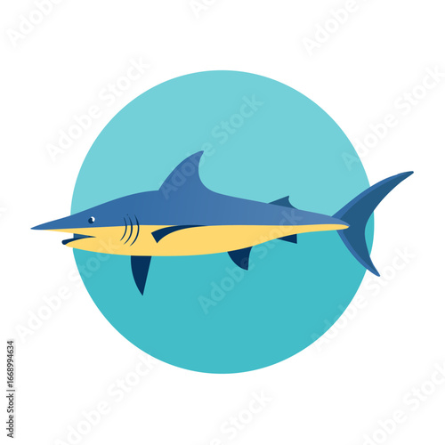 Simplified Illustration of a Blue Shark in Cartoon Style, Isolated on a Blue Circle
