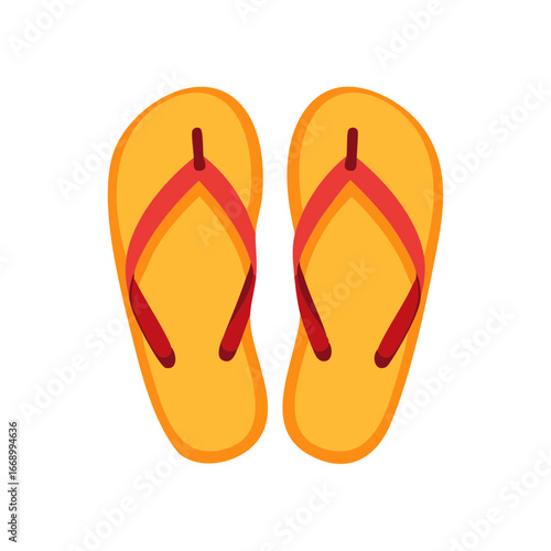 Pair of yellow and red flip flops on white background