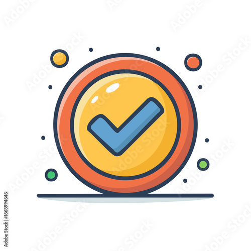 Circular Check Mark Confirmation Badge Represents Approval, Success and Verification in Vibrant Colors and Playful Design