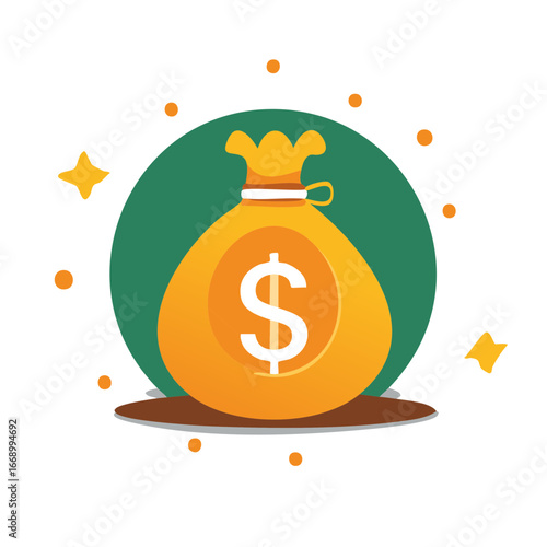 Cartoon money bag with dollar sign and sparkling stars symbolizing wealth and financial success
