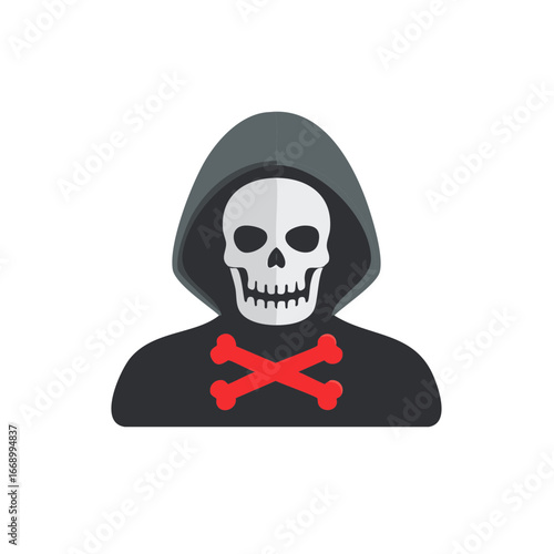 Grim Reaper with Skull and Crossbones in Hooded Black Robe for Halloween Theme or Gaming Avatar