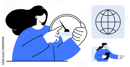 Woman adjusting a speedometer, globe highlighting global connections, man with tablet pointing forward. Ideal for innovation, growth, progress, technology, vision global impact motivation. A simple