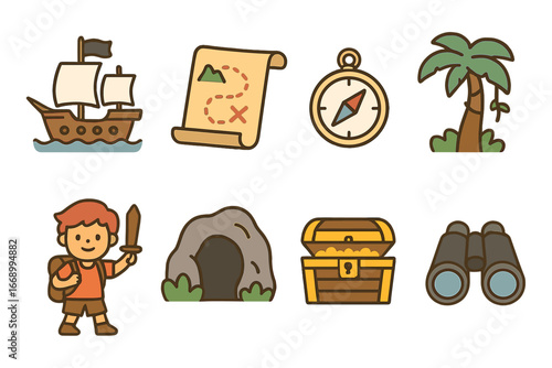 Adventure Kid Icons. Flat vector mini-illustrations adventure tales in colors children's illustrations: pirate ship, treasure map,