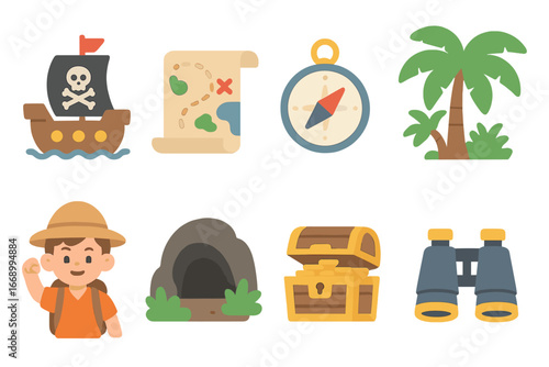 Adventure Kid Icons. Flat vector mini-illustrations adventure tales in colors children's illustrations: pirate ship, treasure map,