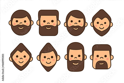 Beard Face Shapes Grid. Flat vector mini-illustrations beard and face shapes in colors children's illustrations: round face with