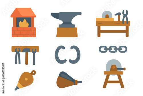 Blacksmith Workshop Icons. Flat vector mini-illustrations traditional blacksmith workshop in colors children's illustrations: