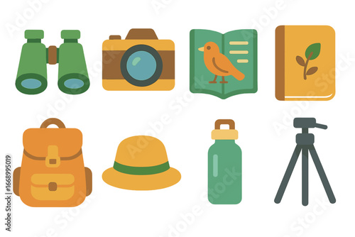Birdwatching Gear Icons. Flat vector mini-illustrations birdwatching gear in colors children's illustrations: binoculars, camera,