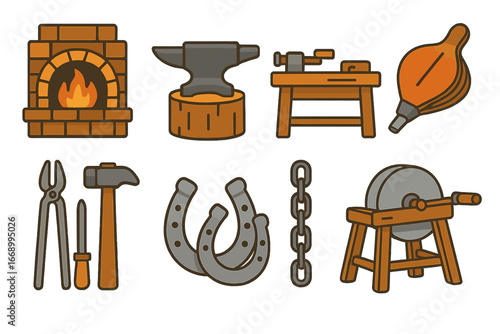 Blacksmith Workshop Icons. Flat vector mini-illustrations traditional blacksmith workshop in colors children's illustrations: