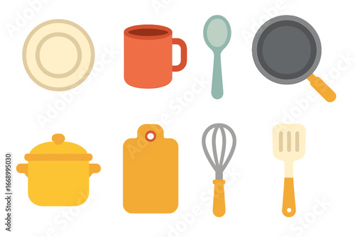 Budget Kitchenware Icons. Flat vector mini-illustrations cheap kitchenware in colors children's illustrations: basic plate, simple