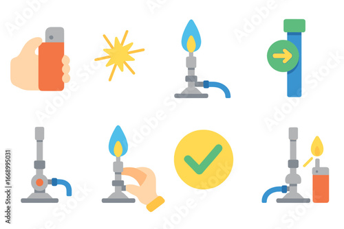 Bunsen Burner Icons. Flat vector mini-illustrations bunsen burner ignition in colors children's illustrations: lighter, spark,