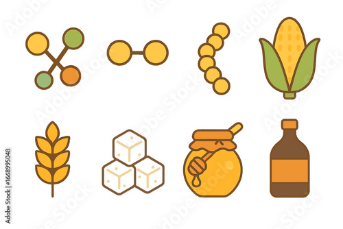 Carbohydrate Types Illustrations. Flat vector mini-illustrations carbohydrate types in colors children's illustrations: