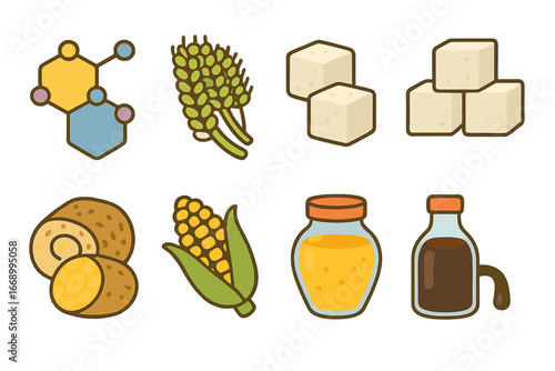 Carbohydrate Types Illustrations. Flat vector mini-illustrations carbohydrate types in colors children's illustrations: