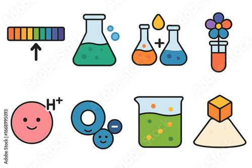 Chemistry Basics for Kids. Flat vector mini-illustrations base concepts in chemistry in colors children's illustrations: pH scale,