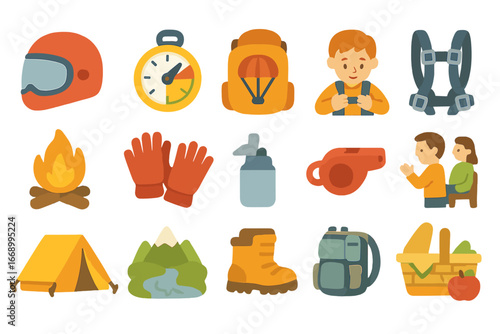 Children's Adventure Icons. Flat vector mini-illustrations skydiving safety in colors children's illustrations: helmet, altimeter,