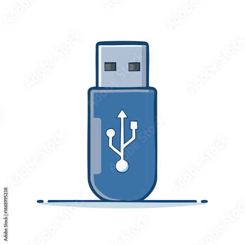 Blue USB drive with universal serial bus icon for data storage and transfer in illustration format
