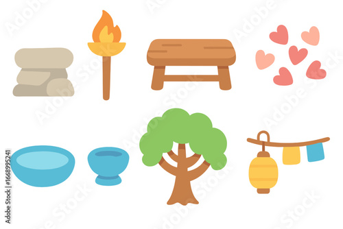 Children's Altar Icons. Flat vector mini-illustrations outdoor altar in colors children's illustrations: stone altar, torch stands