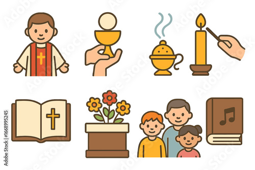Children's Altar Ceremony. Flat vector mini-illustrations altar ceremony in colors children's illustrations: priest in robe,