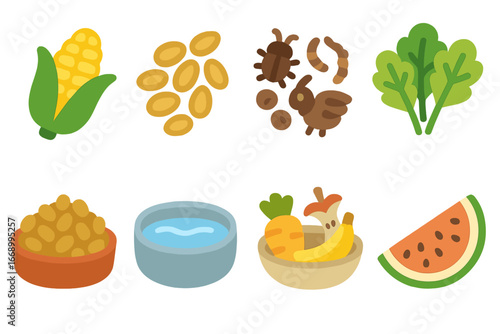 Children's Animal Icons. Flat vector mini-illustrations turkey food in colors children's illustrations: corn, grains, seeds,