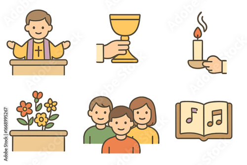 Children's Altar Ceremony. Flat vector mini-illustrations altar ceremony in colors children's illustrations: priest in robe,