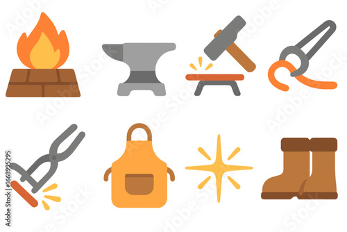 Children's Blacksmith Icons. Flat vector mini-illustrations blacksmith workshop in colors children's illustrations: forge fire,