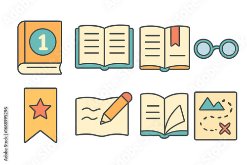Children's Book Icons. Flat vector mini-illustrations novel chapters in colors children's illustrations: chapter book, numbered