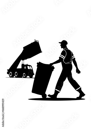 Silhouette of a Garbage Collector with Trash Bin and Garbage Truck