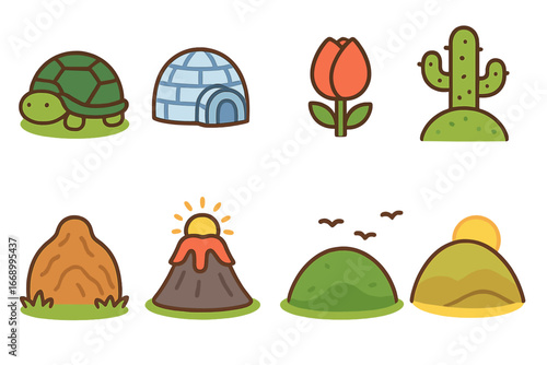 Children's Dome Illustrations. Flat vector mini-illustrations bell tower sounds in colors children's illustrations: ringing bell,