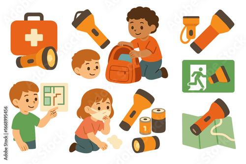 Children's Emergency Kit Icons. Flat vector mini-illustrations flashlight emergency kits in colors children's illustrations: