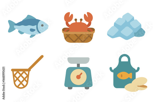 Children's Fish Market. Flat vector mini-illustrations fish market in colors children's illustrations: fresh fish, crab basket,
