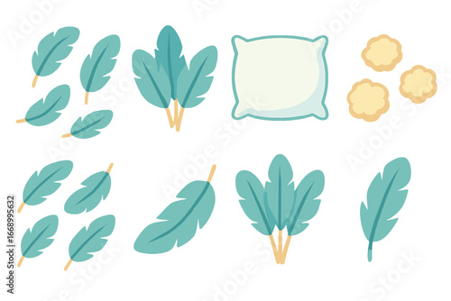 Children's Feather Illustrations. Flat vector mini-illustrations feathers and fluff in colors children's illustrations: floating