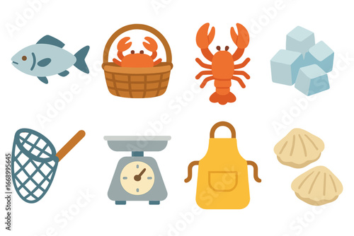 Children's Fish Market. Flat vector mini-illustrations fish market in colors children's illustrations: fresh fish, crab basket,