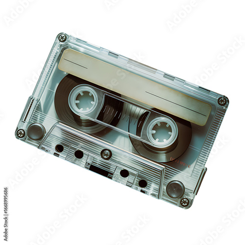 Vintage cassette tape isolated on transparent background, retro audio music recording media from the 1980s and 1990s
