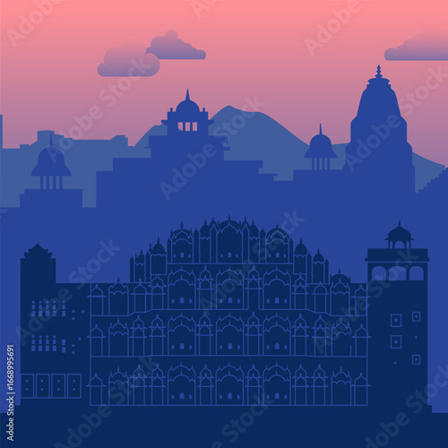 The magnificent silhouette of Jaipurs iconic architecture beautifully showcases at sunset