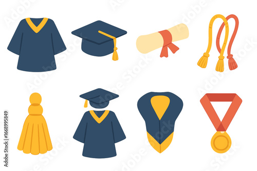 Children's Graduation Icons. Flat vector mini-illustrations Academic gowns in colors children's illustrations: graduation gown,