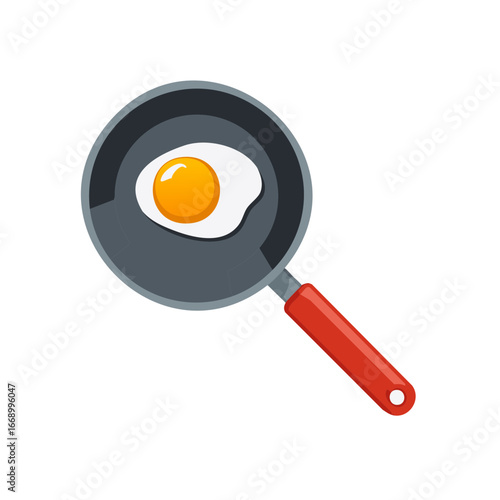 Fried Egg in Frying Pan with Red Handle Illustration Flat Design