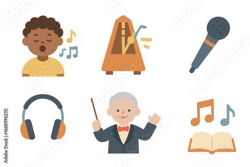 Children's Music Practice Icons. Flat vector mini-illustrations hymn practice in colors children's illustrations: vocal exercises,