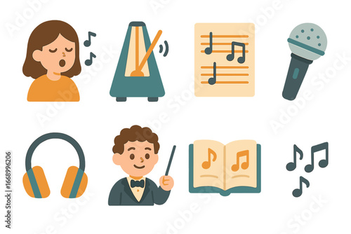 Children's Music Practice Icons. Flat vector mini-illustrations hymn practice in colors children's illustrations: vocal exercises,