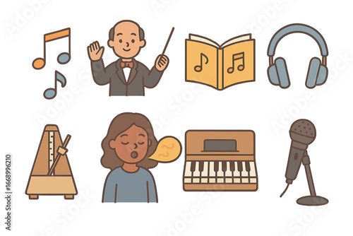 Children's Music Icons. Flat vector mini-illustrations chant practice in colors children's illustrations: music notes, conductor,
