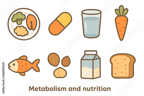 Children's Nutrition Icons. Flat vector mini-illustrations metabolism and nutrition in colors children's illustrations: balanced