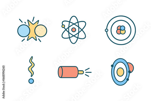 Children's Physics Icons. Flat vector mini-illustrations reduction in physics in colors children's illustrations: particle