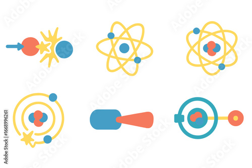 Children's Physics Icons. Flat vector mini-illustrations reduction in physics in colors children's illustrations: particle